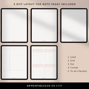 May include: Five different digital note page layouts for use on a tablet or phone. The layouts include lined, grid, dot, Cornell, and to-do checklist.