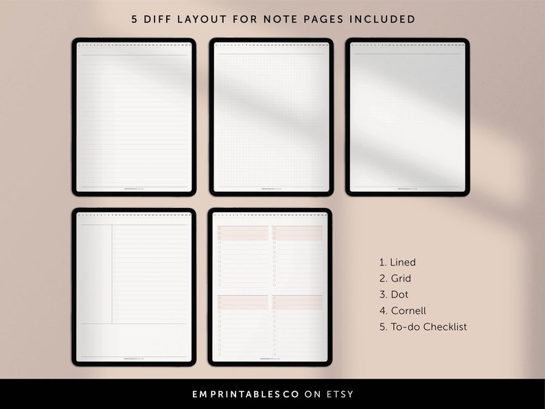 May include: Five different digital note page layouts for use on a tablet or phone. The layouts include lined, grid, dot, Cornell, and to-do checklist.