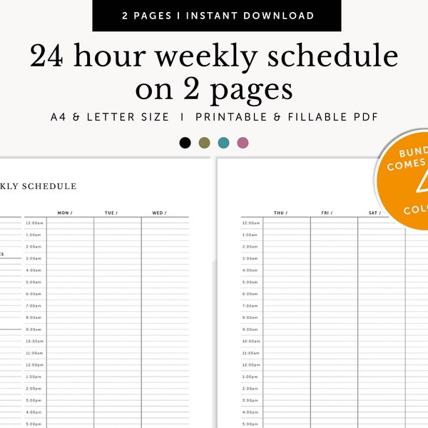 2 pages Hourly Weekly Schedule, Meetings Tracker, Weekly Priorities, To do list, Fillable & Printable, Weekly Planner, A4/A5/Letter/Half