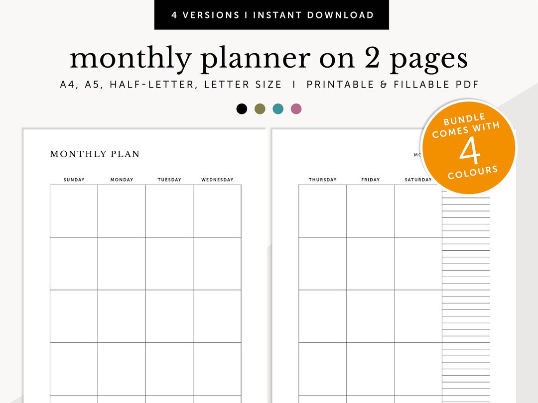 Undated Monthly Calendar on Two Pages, 2 Pages Monthly Planner, Fillable & Printable, Monthly ...