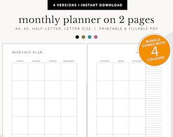 Undated Monthly Calendar on Two Pages, 2 Pages Monthly Planner, Fillable & Printable, Monthly Planner Inserts, A4/A5/Letter/Half Size