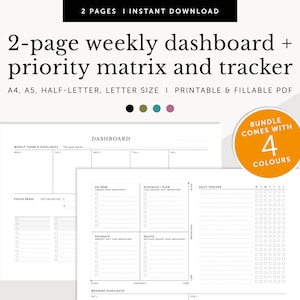May include: Printable weekly dashboard and priority matrix tracker in black and white. The dashboard includes sections for weekly themes, focus areas, top priorities, do now, schedule/plan, delegate, and delete. The matrix is a 2x2 grid with the labels urgent and important, less urgent but important, urgent but less important, and neither urgent nor important. The tracker includes a daily tracker with checkboxes for each day of the week. The text "Bundle comes with 4 colors" is in a bright orange circle.