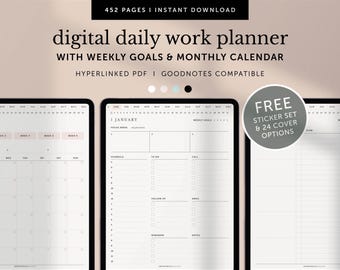 Digital Daily Work Planner, Weekly Goals, Monthly Calendar (Hyperlinked PDF)