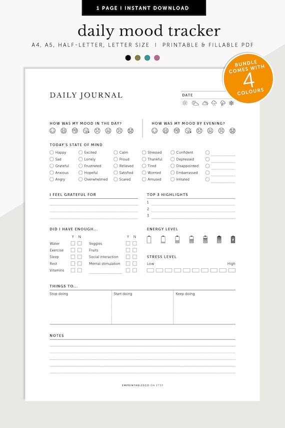Daily Mood Journal, Mood Tracker, Mental Health Planner, ADHD Daily Journal, Fillable & Printable Planner, A4/A5/Letter/Half Size