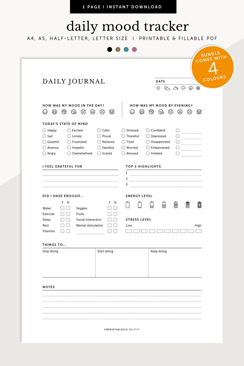 Daily Mood Journal, Mood Tracker, Mental Health Planner, ADHD Daily Journal, Fillable & Printable Planner, A4/A5/Letter/Half Size image 1