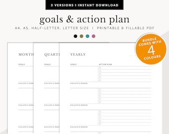 May include: Printable goal setting and action plan template in three versions: monthly, quarterly, and yearly. The template includes sections for goals, evaluation, and action plan. The template is available in four colors.