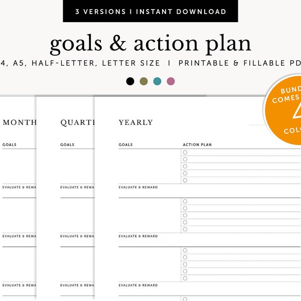 Goals and Action Plan, Yearly Goals, Quarterly Goals, Monthly Goals, Goals with Reward, Fillable & Printable Planner, A4/A5/Letter/Half Size