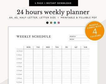 24 Hour Weekly Calendar, 24hrs Weekly Schedule, Weekly Desk Planner, Fillable & Printable, Planner Inserts, A4/A5/Letter/Half Size