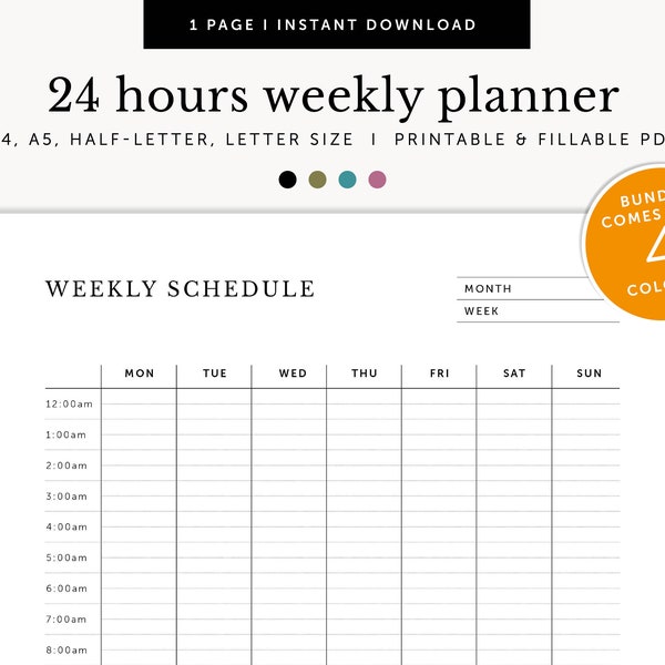 24 Hour Weekly Calendar, 24hrs Weekly Schedule, Weekly Desk Planner, Fillable & Printable, Planner Inserts, A4/A5/Letter/Half Size