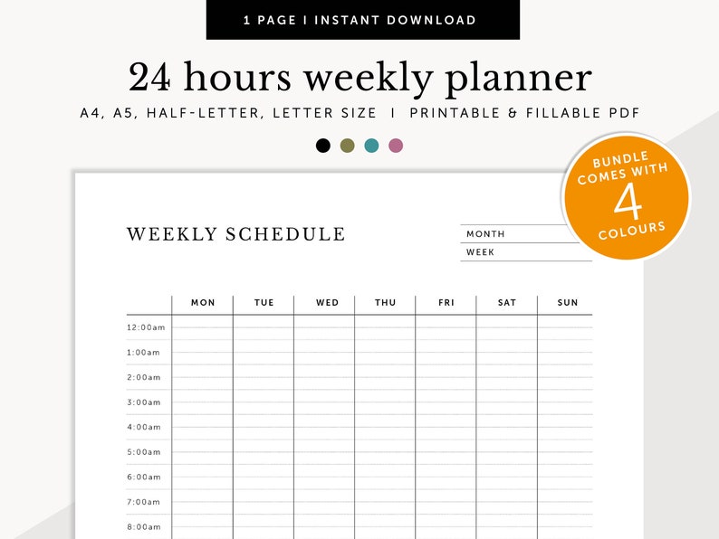 24 Hour Weekly Calendar, 24hrs Weekly Schedule, Weekly Desk Planner, Fillable & Printable, Planner Inserts, A4/A5/Letter/Half Size