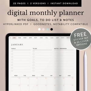 May include: A digital monthly planner on a tablet screen. The planner has sections for goals, to do list, and notes. The month of January is displayed with a calendar grid. The text "FREE STICKER SET & 24 COVER OPTIONS" is displayed in a circle on the right side of the image.
