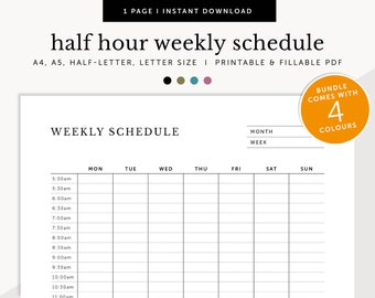 Half Hour Weekly Schedule, Weekly Planner, Weekly Agenda, Weekly Timetable, Fillable & Printable, Planner Inserts, A4/A5/Letter/Half Size