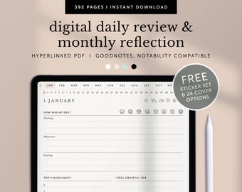 Revisión diaria digital con reflexión mensual, diario y revisión mensual, planificador Goodnotes, planificador de notabilidad, iPad, PDF con hipervínculo