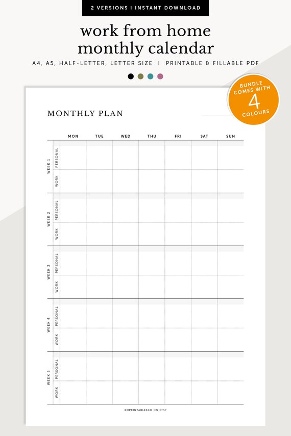 Work From Home Monthly Calendar, WFH Monthly Planner, Monthly Project Planner, Fillable & Printable Planner Inserts, A4/a5/letter/half Size - Etsy Work From Home Monthly Calendar, WFH Monthly Planner, Monthly Project Planner, Fillable & Printable Planner Inserts, A4/a5/letter/half Size - Etsy