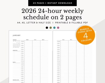 2026 24-Hour Weekly Schedule Planner, 2 Page Meeting Tracker, Fillable & Printable, A4/A5/Letter/Half Size