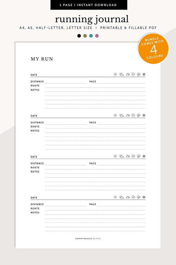 Running Journal, Running Diary, Running Log, Run Overview, Fillable & Printable Planner Inserts, A4/A5/Letter/Half Size
