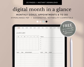 Digital Month In A Glance, Monthly Planner, Monthly Checklist, Monthly Appointments Planner, Goodnotes  Planner, Ipad, Hyperlinked PDF