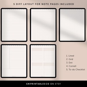 May include: Five different note page layouts for digital planners. The layouts include lined, grid, dot grid, Cornell note-taking, and to-do checklist.