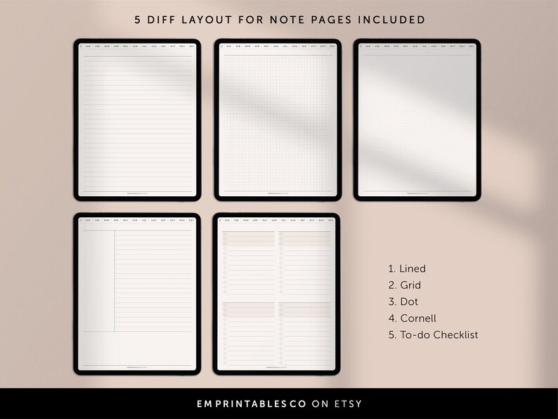 May include: Five different note page layouts for digital planners. The layouts include lined, grid, dot grid, Cornell note-taking, and to-do checklist.