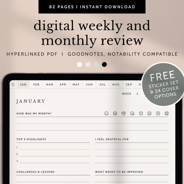 Digital Weekly Monthly Review, Digital Productivity Tracker, Goodnotes Performance Review, Notability Planner, IPad Planner, Hyperlinked PDF