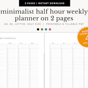 Horario semanal de media hora en 2 páginas, Planificador semanal por hora minimalista, Para hacer, Inserciones de planificador rellenables e imprimibles, A4 / A5 / Carta / Tamaño medio