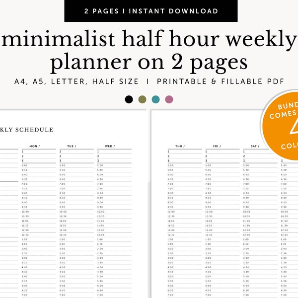 Half Hour Weekly Schedule on 2 pages, Minimalist Hourly Weekly Planner, To do, Fillable & Printable Planner Inserts, A4/A5/Letter/Half Size