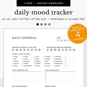 Rastreador de humor diário, diário de saúde mental, planejador de bem-estar mental, diário diário para TDAH, planejador preenchível e imprimível, tamanho A4/A5/carta/meio