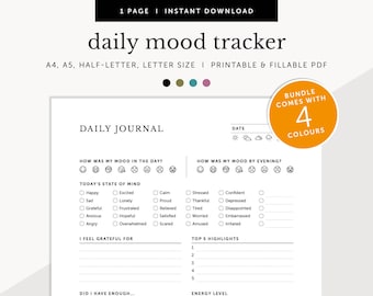 Daily Mood Tracker, Mental Health Journal, Mental Wellness Planner, ADHD Daily Journal, Fillable & Printable Planner, A4/A5/Letter/Half Size