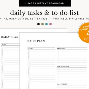 Minimalist Productivity Daily Planner, Daily Checklist, Daily Tasks, Fillable & Printable, Planner Inserts, A4/A5/Letter/Half Size