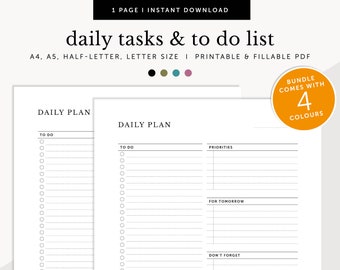 May include: Printable daily planner with two columns, one for "To Do" and the other for "Priorities". The planner also includes sections for "For Tomorrow" and "Don't Forget".