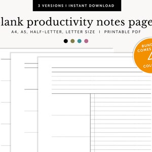 Páginas de notas de productividad en blanco, objetivo y plan de acción, lista de tareas pendientes, notas del proyecto, notas de reunión, planificador imprimible, A4 / A5 / carta / tamaño medio