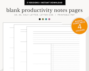 May include: Three blank productivity notes pages in A4, A5, half-letter, and letter sizes. The pages are printable and come in four colors: black, olive green, teal, and pink.
