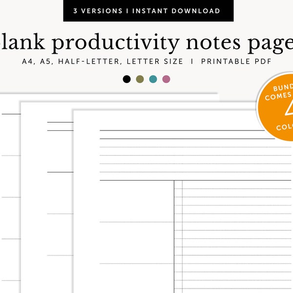 Blank Productivity Notes Pages, Goal & Action Plan, To Do List, Project Notes, Meeting Notes, Printable Planner, A4/A5/Letter/Half Size