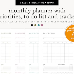 Puede incluir: Planificador mensual imprimible con cuatro opciones de color. El planificador incluye secciones para prioridades, listas de tareas y un rastreador semanal. El planificador está disponible en tamaños A4, A5, media carta y carta.