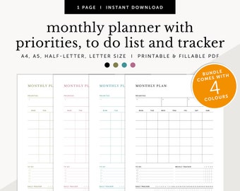 Monthly Planner, Monthly Schedule, Notes, Monthly Priorities, Monthly Tracker, To Do Tracker, Printable & Fillable, A4/A5/Letter/Half Size