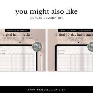 May include: Two digital habit tracker designs for Goodnotes and Notability. The first design is a daily, weekly, and monthly habit tracker. The second design is a 30-day habit tracker with a monthly overview. Both designs include a free sticker set and 24 cover options.