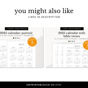 Pode incluir: Dois calend&aacute;rios imprim&iacute;veis para 2025. O primeiro calend&aacute;rio &eacute; um calend&aacute;rio de estilo retrato com 12 meses. O segundo calend&aacute;rio tem vers&iacute;culos b&iacute;blicos e est&aacute; em formato de tr&ecirc;s colunas. Ambos os calend&aacute;rios v&ecirc;m em quatro cores.