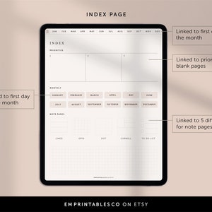 May include: A digital planner index page with a black frame and a white background. The page is divided into sections for priorities, monthly calendar, and note pages. The note pages section includes five different layouts: lined, grid, dot, Cornell, and to-do list.