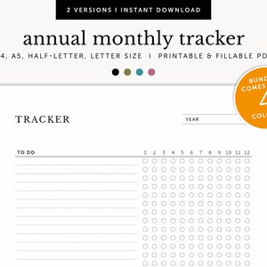 Annual Monthly Goal Tracker, Yearly Habit Tracker, Routine list, Bill Tracker, Fillable & Printable, Planner Inserts, A4/A5/Letter/Half Size