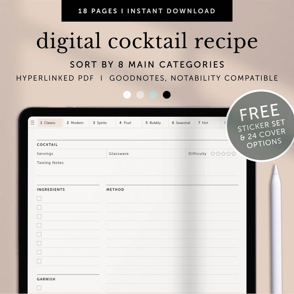 Digital Cocktail Recipe, Drinks Recipe, Drinks Log, Cocktail Journal, Goodnotes Planner, Notability Planner, iPad Planner, Hyperlinked PDF
