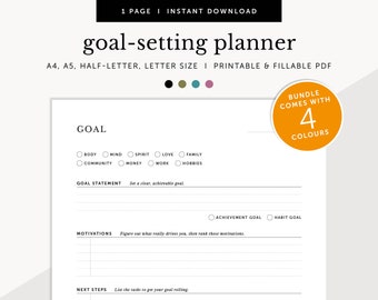 Goal Planner, Goal Setting Tool, Habit Goal Template, Achievement Goal Overview, Fillable & Printable Planner, A4/A5/Letter/Half Size