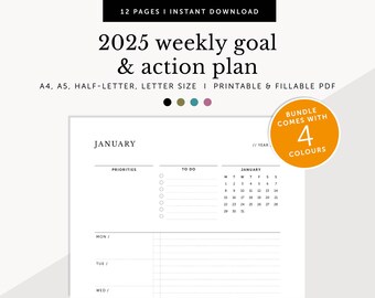 2025 Weekly Action Plan, 2025 Weekly Goals with Calendar, 2025 Planner, Weekly Task, Weekly to-do, Printable Planner, A4/A5/Letter/Half Size