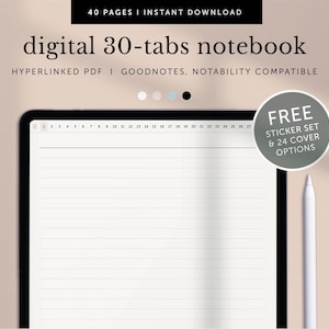 以下が含まれることがあります： 30タブ、40ページ、無料のステッカーセットと24種類のカバーオプションが付属するデジタルノート。GoodNotesとNotabilityアプリに対応しています。画像には、ノートを開いたタブレットとスタイラスペンが映っています。