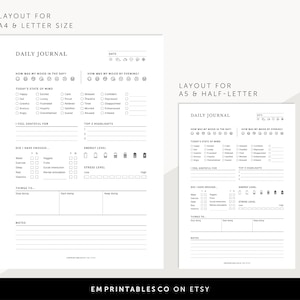 Pode incluir: Duas p&aacute;ginas de di&aacute;rio di&aacute;rio imprim&iacute;veis, uma para tamanho A4 ou carta e outra para tamanho A5 ou meia carta. Ambas as p&aacute;ginas apresentam um design em preto e branco com se&ccedil;&otilde;es para acompanhar o humor, os n&iacute;veis de energia, os n&iacute;veis de estresse e a gratid&atilde;o.