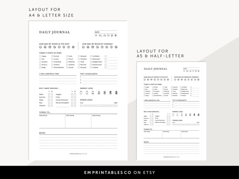 Pode incluir: Duas p&aacute;ginas de di&aacute;rio di&aacute;rio imprim&iacute;veis, uma para tamanho A4 ou carta e outra para tamanho A5 ou meia carta. Ambas as p&aacute;ginas apresentam um design em preto e branco com se&ccedil;&otilde;es para acompanhar o humor, os n&iacute;veis de energia, os n&iacute;veis de estresse e a gratid&atilde;o.