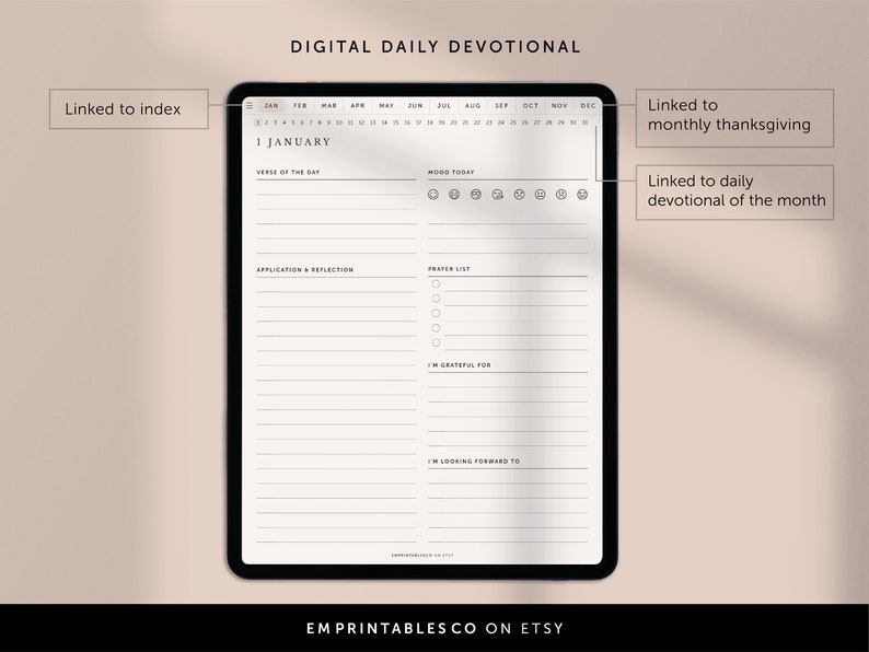 May include: A digital daily devotional planner with a calendar, mood tracker, prayer list, gratitude log, and space for reflection. The planner is designed for use on a tablet or computer.