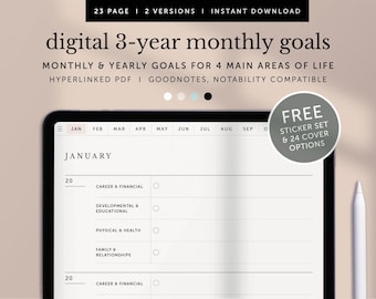 Digital 3-year Journal, 3-year Monthly Goals, Goals for 4 Main Areas of Life, Monthly Goals, Yearly Goals, Goodnotes, iPad, Hyperlinked PDF