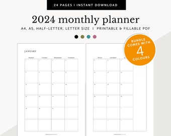 2024 Monthly Planner on Two Pages, 2024 Monthly Calendar, Fillable & Printable, 2024 Monthly Diary Inserts, A4/A5/Letter/Half Size