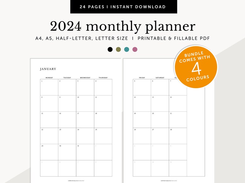 2024 Monthly Planner on Two Pages, 2024 Monthly Calendar, Fillable