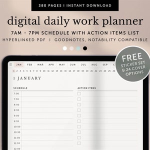 Op de afbeelding: Een digitale dagelijkse werkplanner op een tabletscherm. De planner heeft een schema van 7:00 uur tot 12:00 uur en een lijst met actiepunten. De planner is compatibel met Goodnotes en Notability. De tekst "1 JANUARY" wordt bovenaan de planner weergegeven. Een gratis stickerset en 24 coveropties zijn ook inbegrepen.